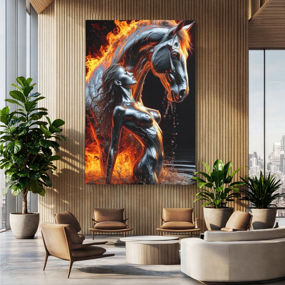 Tablou canvas cu tablou canvas cu femeie si armasar in flacari, fara rama, pe sasiu de lemn, pe perete intr-un birou